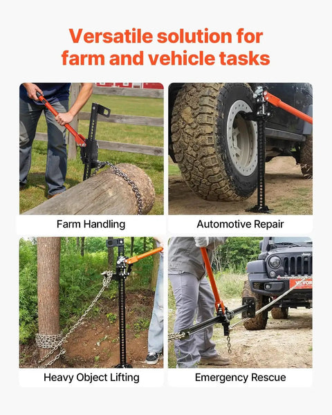 Ratcheting Off Road Farm Jack 7000 Lb Capacity 5.12 To 42.5 In Lift Range in various uses on farm and vehicle tasks.