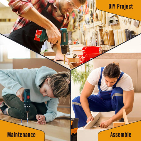 Collage of DIY project, maintenance, and assembly scenes with people using tools; diverse tasks showcased in home improvement.