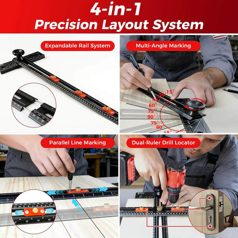 30 Inch Adjustable T Square Marking Ruler For Cabinet Hardware DIY Woodworking Guide Aluminum Layout And Precise Drilling Positioning For Handles Knobs Pulls Hinges Drawers And Shelf Installations, with multi-angle marking and expandable rail system displayed.