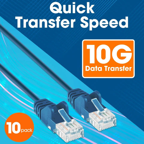 Slim Cat6 Ethernet Patch Cable Kit, 10 Pack, 1 Ft Rack-Friendly Length, Snagless Boots, 30AWG Pure Bare Copper, Blue
