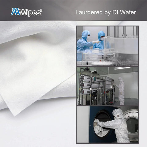 4x4 Cleanroom Polyester Wipers 400 Pack Lint Free Cloths Laser Sealed Edges shown with cleanroom scene