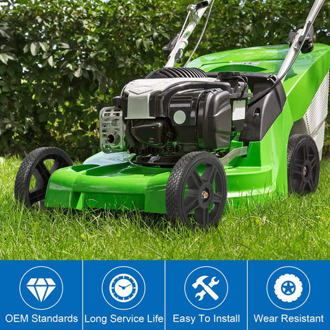 8 Inch Lawn Mower Wheels Kit DIY Friendly Universal 8 Inch Push Mower Wheels With 1/2 Inch Bearing Bolts And Nuts in use on green lawn mower