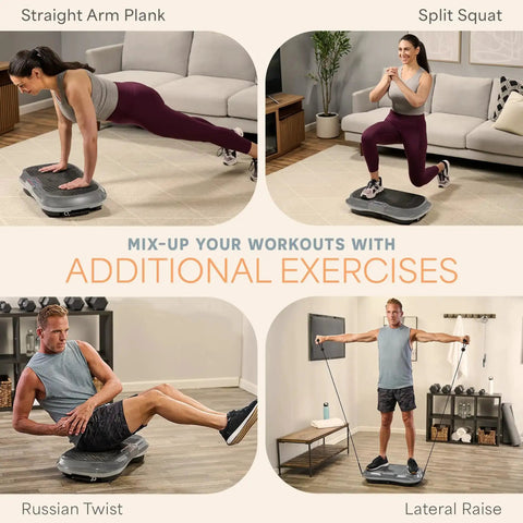 People using Waver Vibration Plate Exercise Machine With High Intensity Full Body Vibration For Muscle Activation in various exercises.