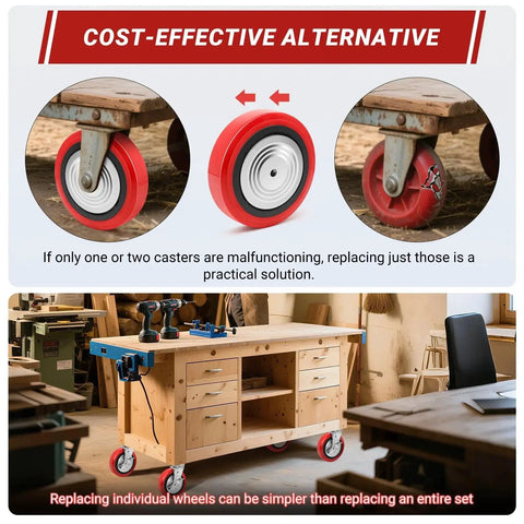 8 Inch Polyurethane Caster Wheel With Polyolefin Core shown installed on workshop cart, highlighting cost-effective replacement option for shops.