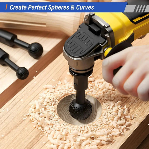 Close-up of Three Size Sphere Rotary Burr Set for Wood Carving and Engraving with 5/8-11 Thread in use on wood.