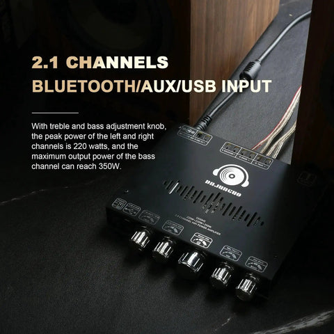 Top view of Beefy 2.1 Channel Bluetooth Amplifier Board with Subwoofer for Home Theater and Car Audio, showing input knobs and cables.