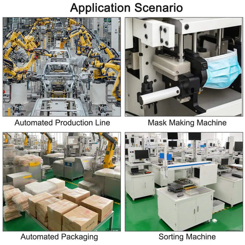 Industrial automation applications including production lines, mask making machines, packaging, and sorting equipment.