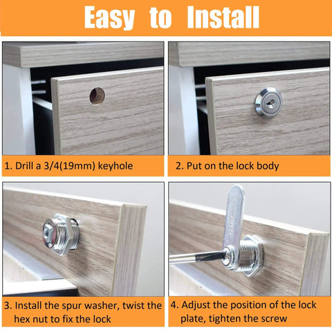 Enhance security with a 5/8 inch cabinet lock set featuring keyed alike keys, installation steps shown on wood drawer panel