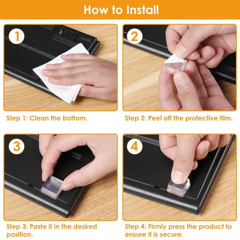 Installation steps for Self Adhesive Rubber Bumpers For Cutting Boards And Appliances, Clear Square Pad Feet, 20 Pack, 0.78 Inch By 0.38 Inch.