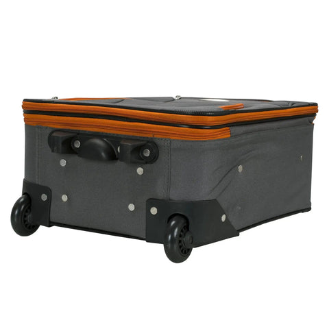 Bottom view of Expandable Softside Upright Luggage Set in Charcoal, inline skate wheels, stability bar, by Rockland