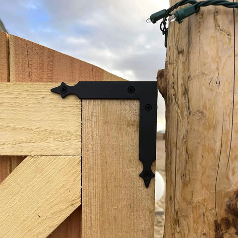 Rustic Barn Door Corner Brackets Set 4.9 In Matte Black L Shape Sliding Door Hardware installed on outdoor wooden gate