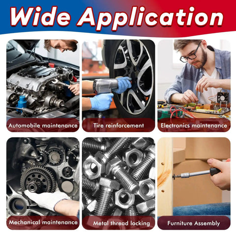 Image showing wide application of Blue And Red Thread Lock Duo For Nuts And Bolts in automotive, electronics, and furniture maintenance.