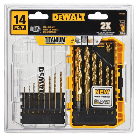 Titanium Nitride Coated 14 Piece Drill Bit Set For Wood Metal And Plastic With Connectable Storage System And Patented Bit Bar Design Clear Lid For Quick Bit Visibility And Customizable Bit Placement Workhorse Kit By DEWALT packaging showing the bits inside a transparent case.