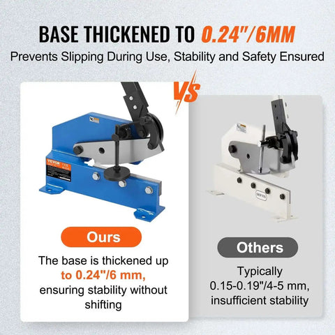 Comparison of 8 Inch Hand Plate Shear With Long Handle For Metal Cutting highlighting base thickness with a blue and white shear