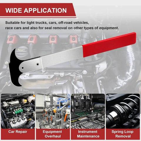 Seal Puller Tool For Oil Seal Removal In Cars SUVs Light Trucks And Machinery Third Generation With 30 Percent Thicker Dual Hook Tips And Heat Treated Steel For Pro Grade Heavy Duty Automotive And Equipment Repair displayed against engine backdrop.