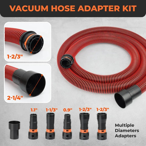 10 Ft 1 1/4 Inch Dust Collection Hose Kit With 6 Adapters for Home and Shop Vacuums, shown with multiple adapter sizes.