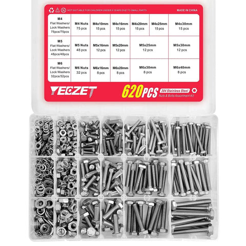 Heavy Duty Stainless Steel Bolts And Nuts Kit 620 Pieces M4 M5 M6 304 Grade Set for home garage workshop in 13 sizes, open case view