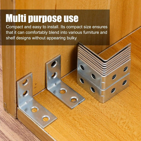 10 Pack Right Angle Corner Brackets for Furniture and Cabinets, iron joint fasteners, shown with stacked and installed pieces.