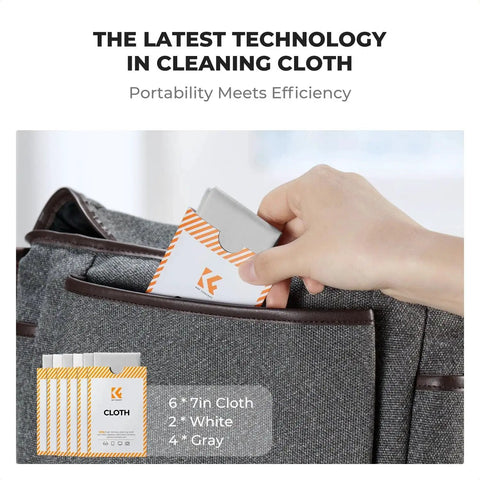 Six Pack Microfiber Lens Cleaning Cloths For Glasses And Camera Lenses being inserted into a gray bag pocket