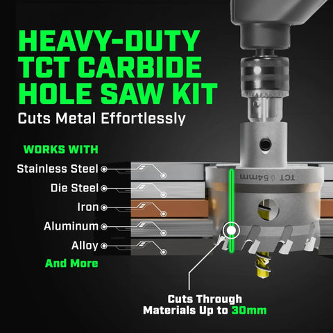 Tungsten Carbide Hole Saw Kit With 22 Pieces For Metal Stainless Steel And Wood Includes 2 Drill Bits Deburring Tool 4 Blades 3 Allen Wrenches And Titanium Plated Pilot Drill For Heavy Duty DIY And Industrial Use, shown working on various metals.