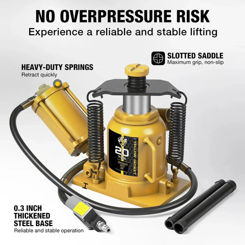Low Profile 20 Ton Air Bottle Jack With Aluminum Pump And Slow Release shown with yellow durable steel and hoses