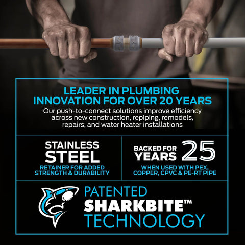 SharkBite 3/4 in brass push-to-connect check valve joining copper and white pipe