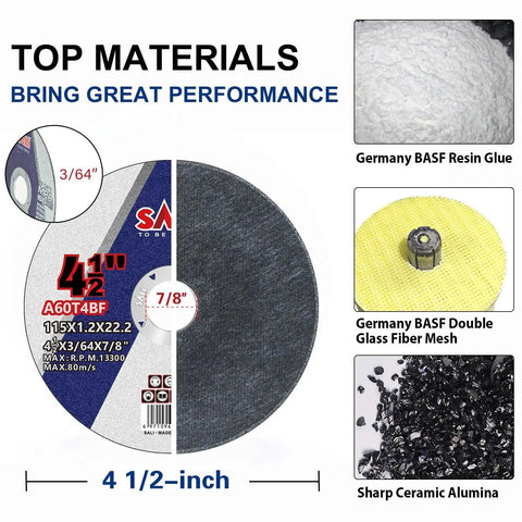Close-up of 50 Pack 4.5 Inch Cut Off Wheels Thin 0.047 Inch For Metal Stainless On 7/8 Arbor with top materials highlighted.