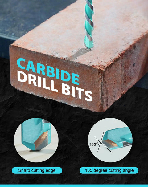 Durable Carbide Masonry Drill Bit Set With Hex Shank For Brick Concrete Tile Block And More Five Piece Set Ranging From Five Thirty Seconds To Three Eighths Inch EZARC in action drilling a brick, showcasing sharp cutting edge and 135-degree angle.