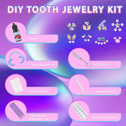 Illustration of Diy Tooth Gem Kit With Safe Crystals, contents including glue, gems, and tools over a colorful background.