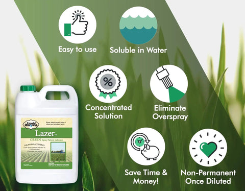 Lazer Green Lawn Spray Indicator Dye For Water Based Solutions 1 Gallon 128 Ounces with features and benefits icons