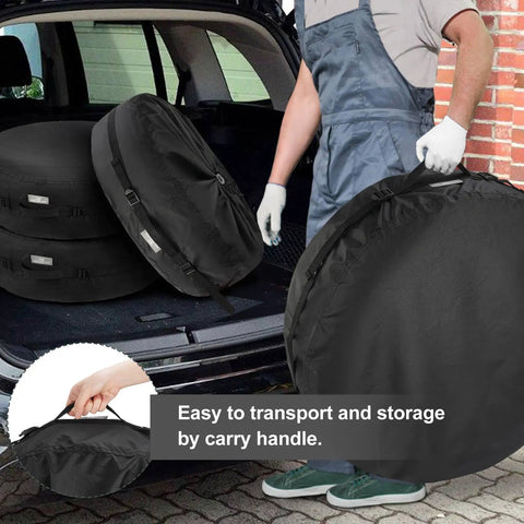 Seasonal Tire Covers Bag Set With Handles For Spare Tires By Explore Land, heavy duty black totes in car trunk for 29-31.75 inch tires.