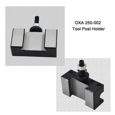 One Piece Quick Change Turning And Facing CNC Tool Post Holder OXA 250 002 for lathe, shown from two angles, made of steel