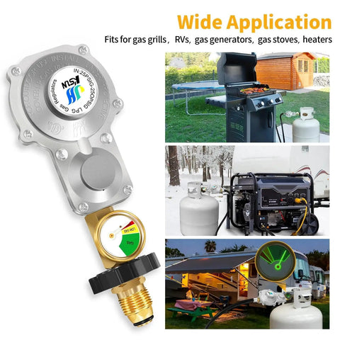 Two Stage Propane Regulator With Gauge For RVs And Campers shown with various outdoor setups, compatible with gas grills and generators.