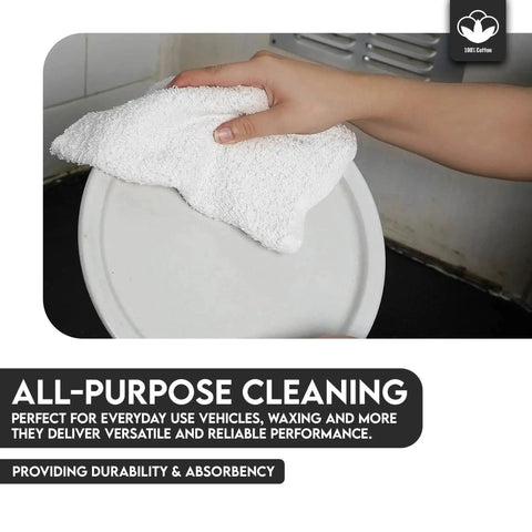 Person cleaning with 60 Pack White Cotton Terry Bar Mop Towels, 14X17 Inches, Super Absorbent Cleaning Rags, reusable towels