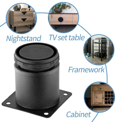 2.5 Inch Heavy Duty Adjustable Black Stainless Steel Furniture Leg with examples of installation on nightstand and cabinet