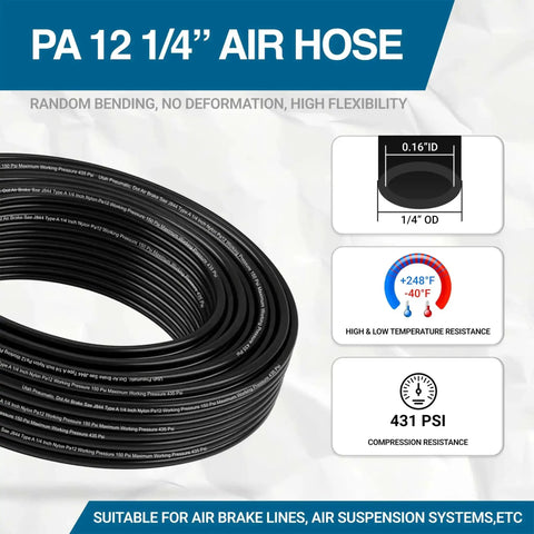 1/4 Inch Air Line Tubing Nylon PA12 Hose 32.8Ft DOT Approved For Truck Trailer And Industrial Use High Pressure Flexible Pneumatic Line Black With 150 PSI Working And 435 PSI Max 40mm Bend Radius Minus 40F To 200F shown coiled, with temperature and PSI details