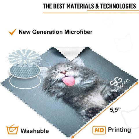 Set Of 6 Microfiber Cleaning Cloths For Glasses, Screens, Lenses And Devices featuring a cat design, size 5.9 inches, washable, HD print.
