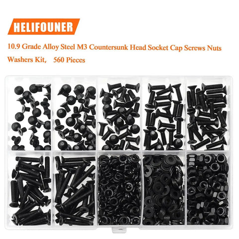 560 Pc M3 To M20 Countersunk Socket Cap Screws Kit With Hex Nuts, Lock Washers And Flat Washers, 10.9 Grade Black Alloy Steel