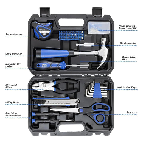93-Piece Household Tool Kit With Storage Case For Home DIY Projects, including hammer, pliers, screwdriver bits, and tape measure