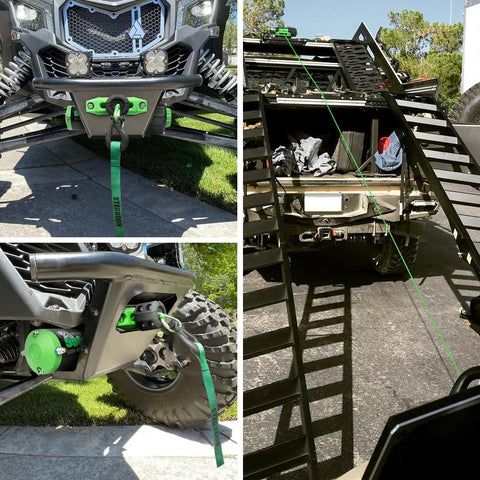 Front view of STEGODON 5500 winch with green synthetic rope mounted on an off-road UTV bumper.

Side view of STEGODON 5500 winch on a UTV bumper with green rope and green motor cover.

Installed view of STEGODON 5500 winch on rear of off-road vehicle with green rope along a ramp.