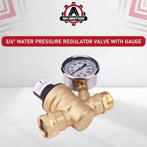 RV water pressure regulator valve with gauge, brass body, 3/4-inch fittings