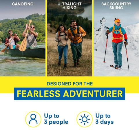 Image showcasing canoeing, ultralight hiking, and backcountry skiing activities for up to 3 people, ideal for using the Ultralight Waterproof Medical Kit for up to 3 people and 3 days with DryFlex bag includes bandages blister care and wound supplies ideal for hiking biking and climbing grab and go ready by Adventure Medical Kit