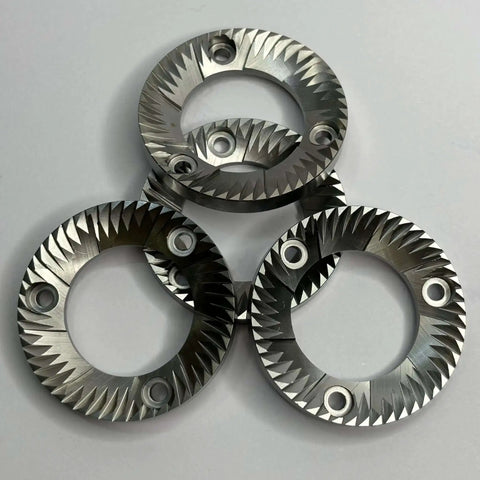 40mm Flat Burr Blade For Electric Espresso Grinders Replacement Part In Stainless Steel For Pro Grade Precise Consistent Coffee Grinding Durability And Easy Maintenance Flat Wheel Burr Milling Accessory For Home Barista Use; three stainless steel flat burr blades on a white background.