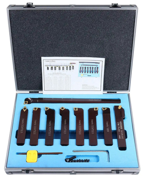 Tool case open showing Three Quarters Inch Shank Nine Piece Indexable Turning And Boring Tool Set For Carbon Steel Alloy Steel And Cast Iron