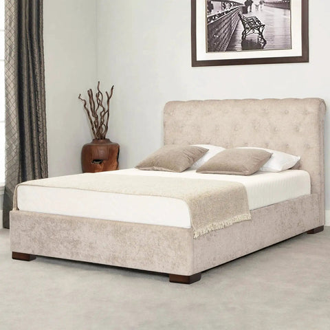 Bedroom with beige upholstered bed featuring solid wood furniture legs set with L shaped bed risers for sofa couch dresser cabinet and table feet 4 pack durable easy on the knees boosts clearance smooth edges