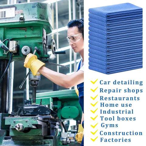 Worker using machinery with stacked Blue Huck Towels 50 Pack Bulk Absorbent Cotton Shop Towels 25.2 By 16.93 Inches on side