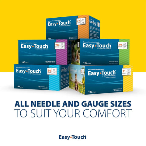 Stacked boxes of Easy Touch insulin syringes, including 31 Gauge U 100 Insulin Syringes 1cc 5/16 Short Needle Disposable Box Of 100.