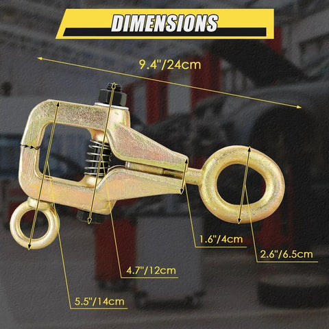 Beefy 5 Ton 2 Way Auto Body Repair Pull Clamp dimensions shown for frame straightening tool, highlighted with measurements.
