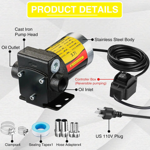 110V AC Self Priming Fuel Transfer Pump For Gasoline Diesel Kerosene With Reversible Pumping Switch, components labeled