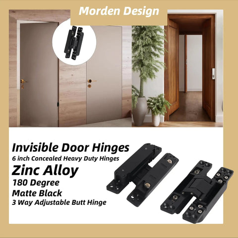 Hidden Door Hinge Set Two Pack 6 Inch Concealed Butt Hinges With 180 Degree Matte Black Swing And 3 Way Adjustable Zinc Alloy Construction For Heavy Duty Installations Tough As Nails Built To Last Riyhch, showing matte black hinges on wooden doors.
